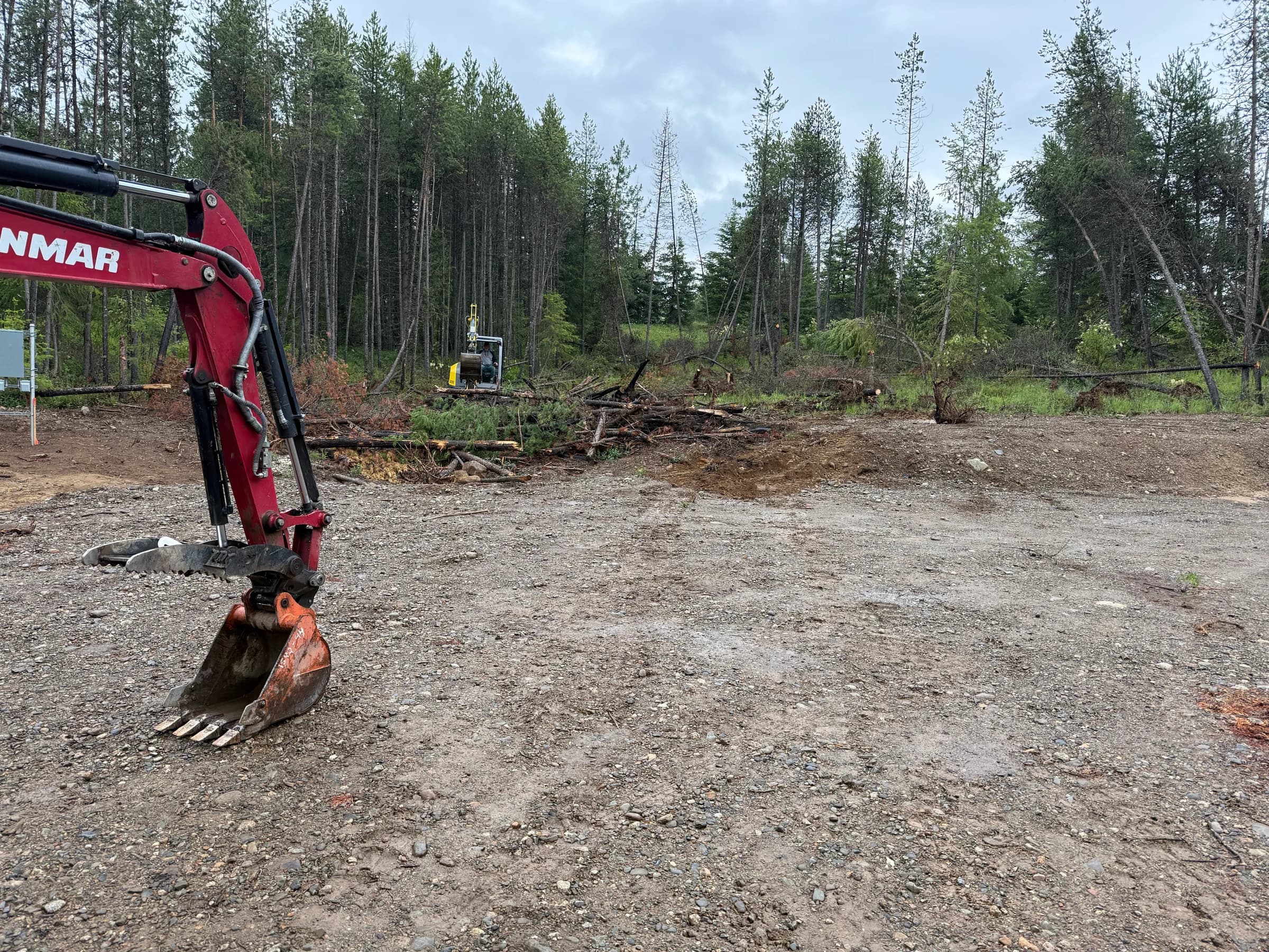 Excavator bucket in the foreground with cut branches and another machine by the treeline